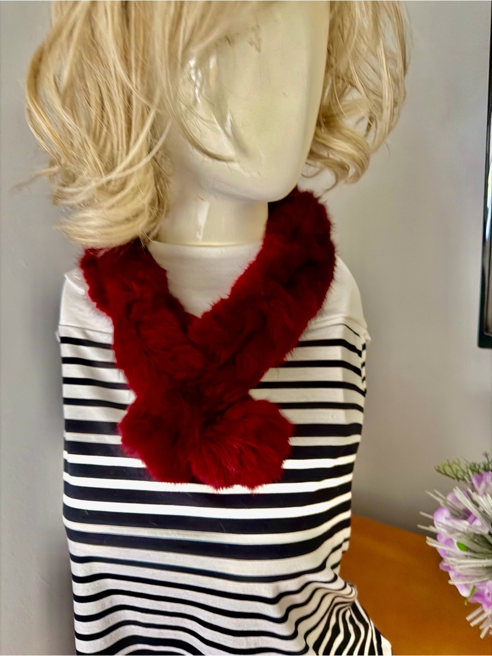 Peebles Rabbit Fur Neck Scarf - handcrafted Burgundy